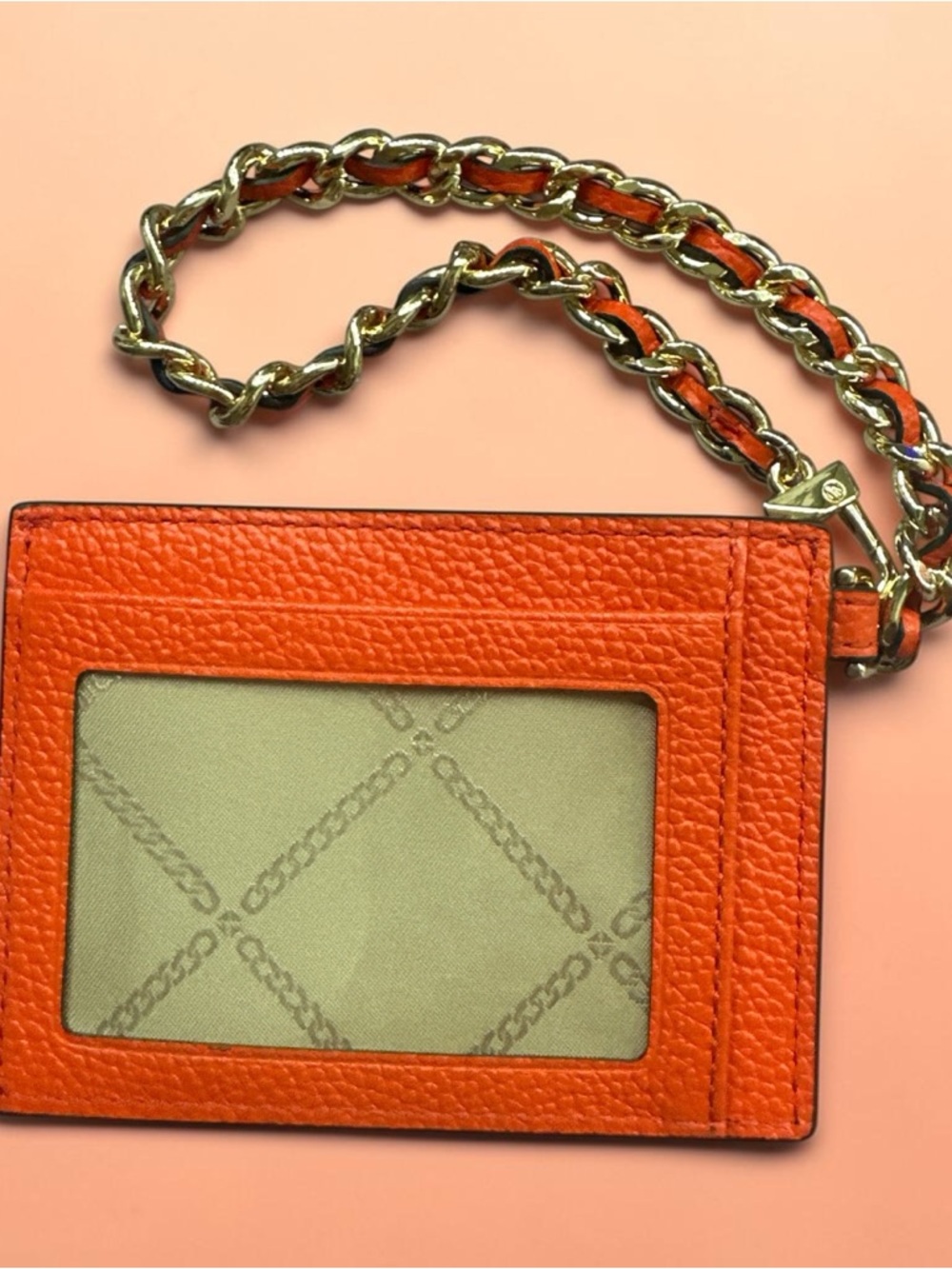 Michael Kors Orange Pebbled Leather Card Case with Gold Chain Strap - Picture 2 of 2